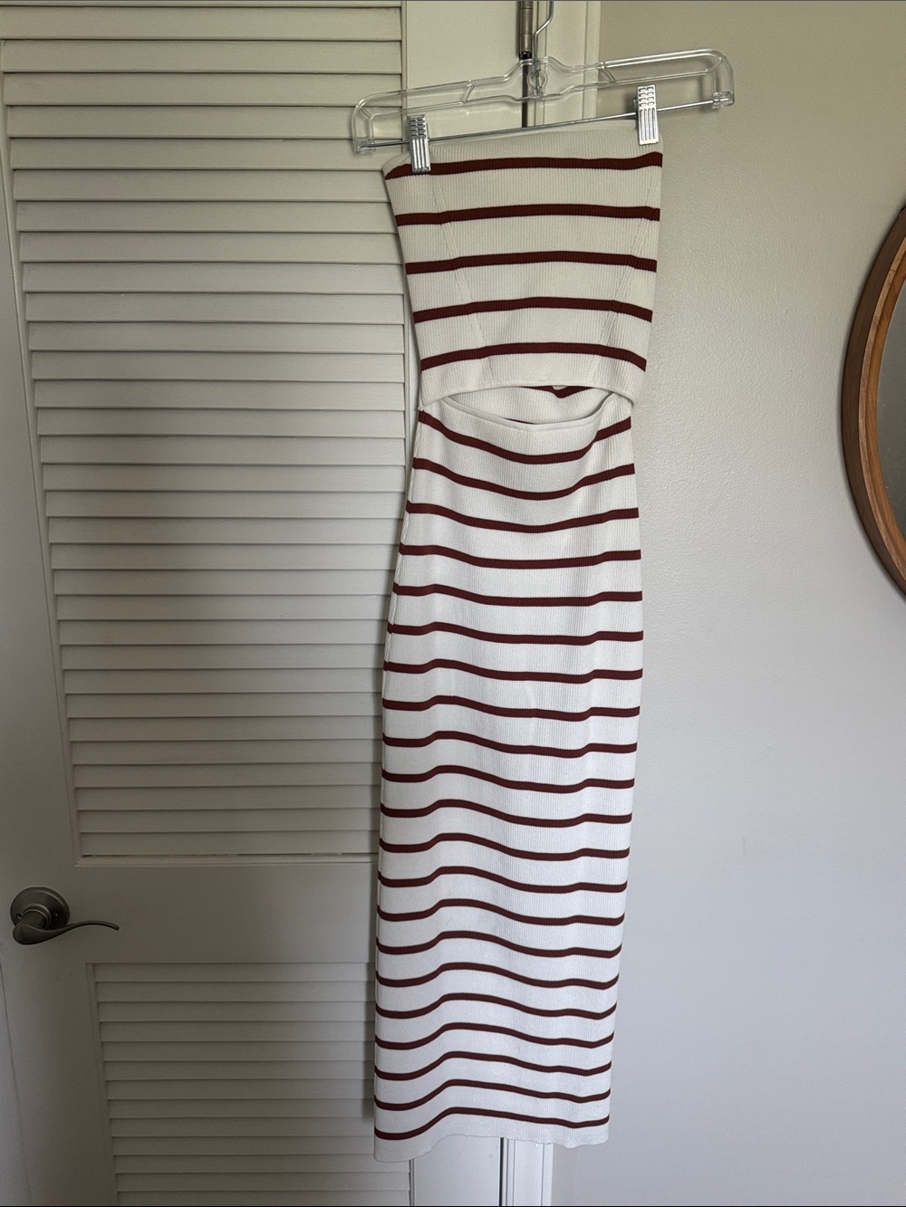 White and Brown Striped Strapless Midi Dress